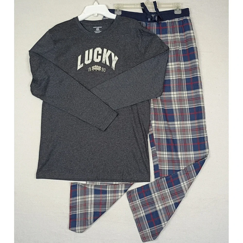 Lucky Brand Mens Pajama Set Medium Grey Graphic Top Blue Plaid Pants